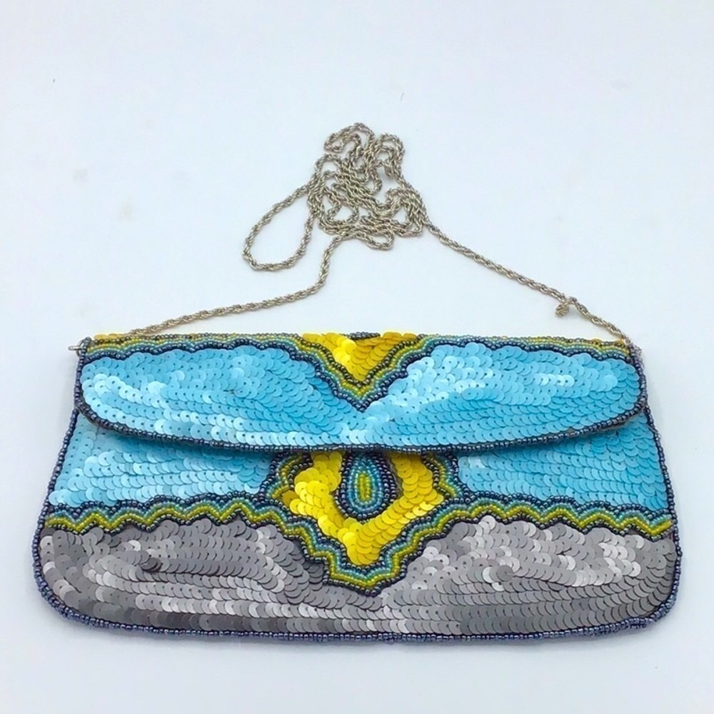 KC MALHAN AQUA BALI SEQUIN BEADED CLUTCH HANDBAG